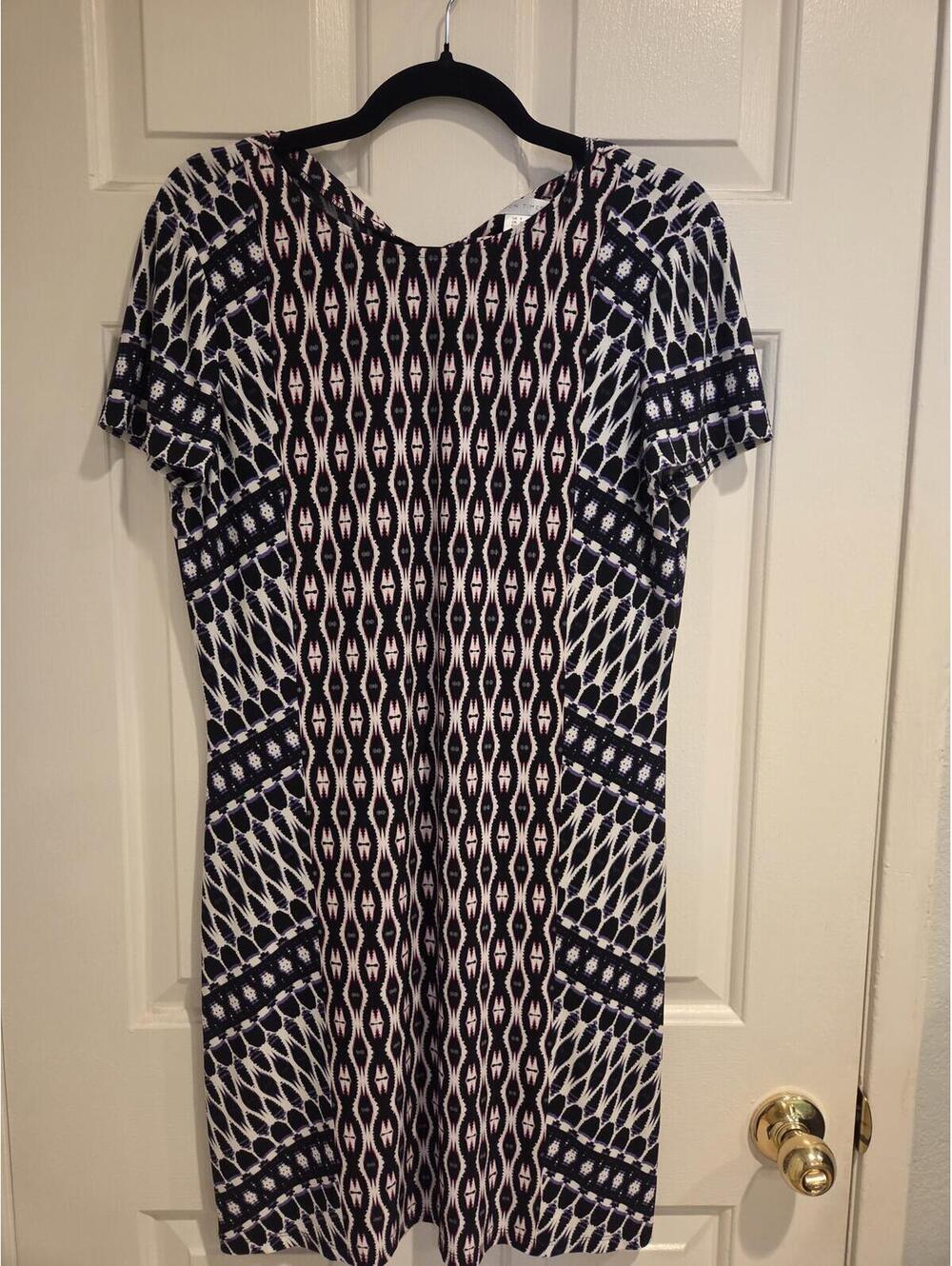 London Times Black White Pink Geometric Short Sleeve Sheath Dress Size 8